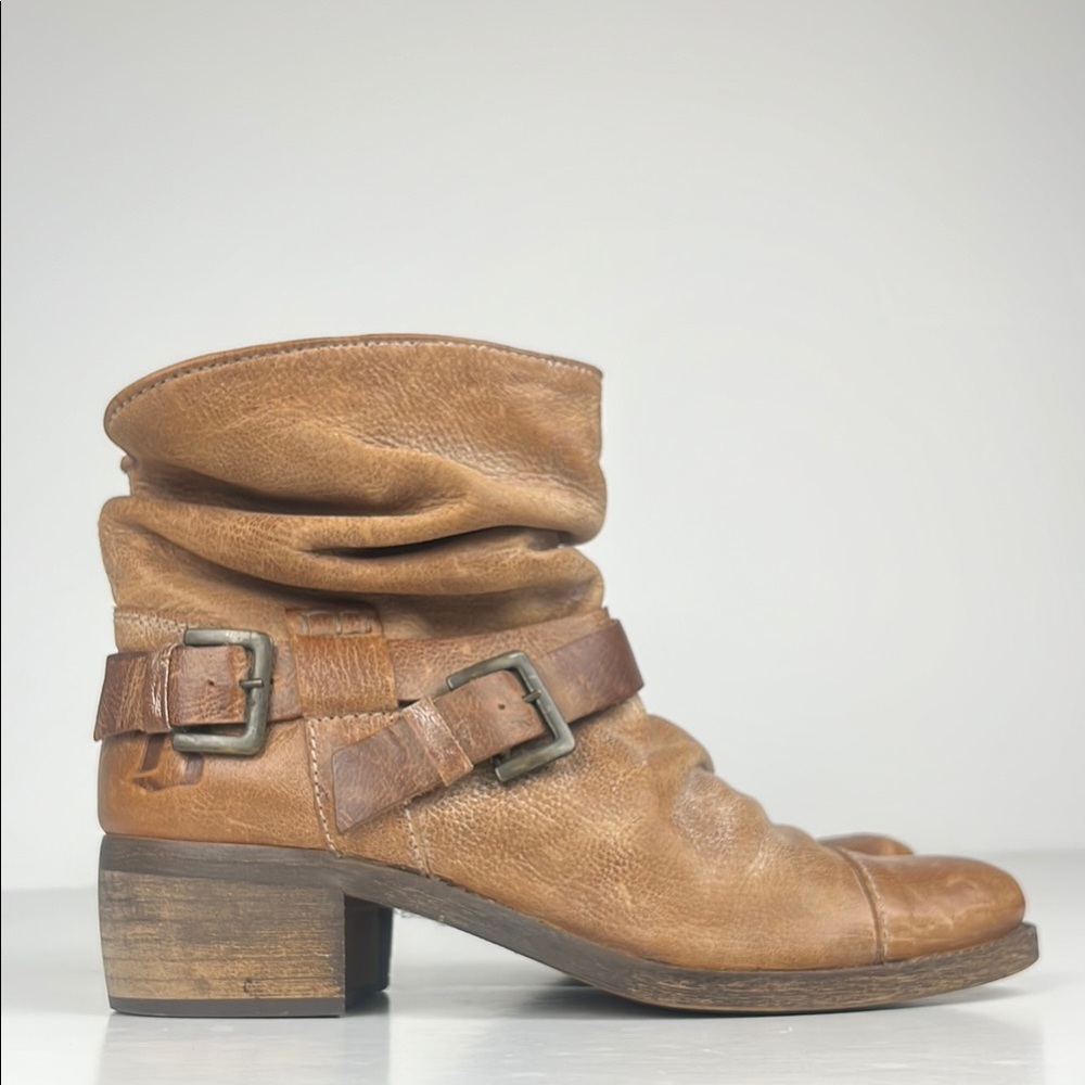 Lavorazione Artigiana Brown Leather Slouch Distressed Ankle Boots Buckle Accent